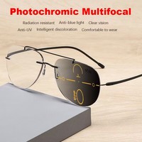 Titanium Alloy Double Bridge Pilot Rimless Photochromic Progressive Reading Sunglasses +0.75 To +4 See Near and Far