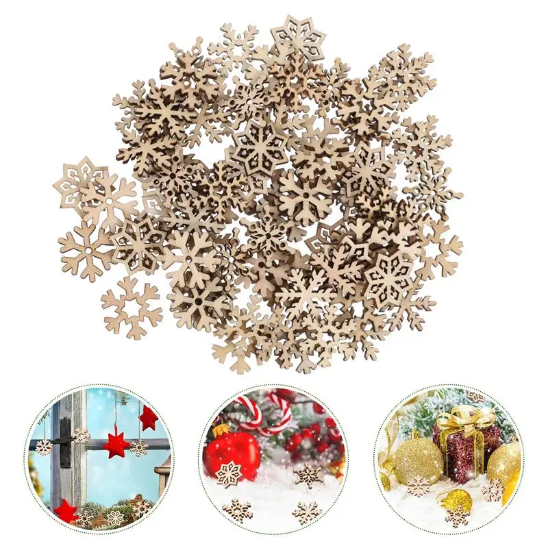 50pcs/100pcs Christmas Snowflake Wooden Pieces Wooden Cutouts Craft Christmas Snowflake Ornament Christmas Decoration For DIY