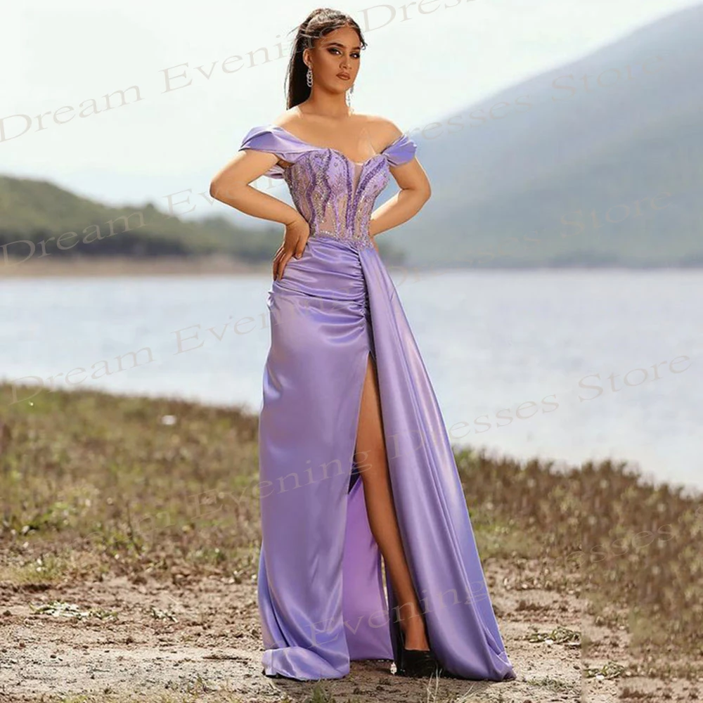 Schöne elegante lila Frauen Meerjungfrau moderne Abendkleider von der Schulter Perlen Ballkleider Seite Split Vestido de Noche