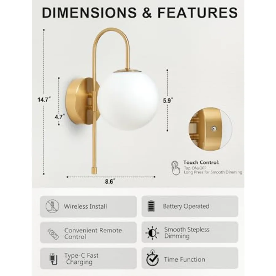 Battery Operated Gooseneck Wall Sconces Set of 2 Glass Globe Wireless Lights with Remote and Touch Rechargeable Sconce 3 Color