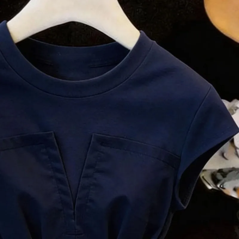 New Korean Splicing Short-sleeved T-shirt Summer Women's Fake Two-piece Waist-covering Belly Shoulder Coat Female Blouse Tops