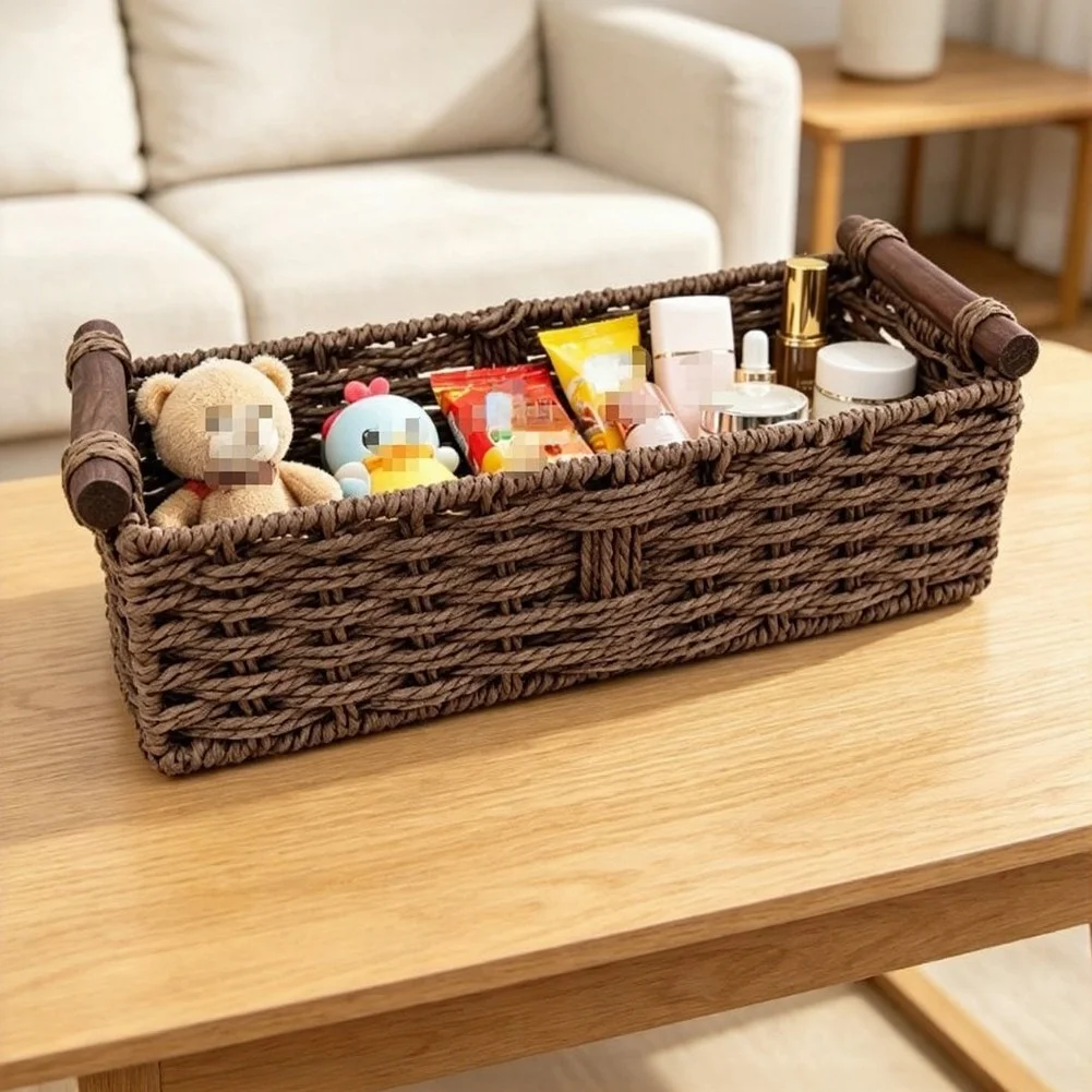 Woven Storage Basket Natural Straw Organizer For Snacks Cosmetics Office Supplies Home Decor Living Room Kitchen Bathroom