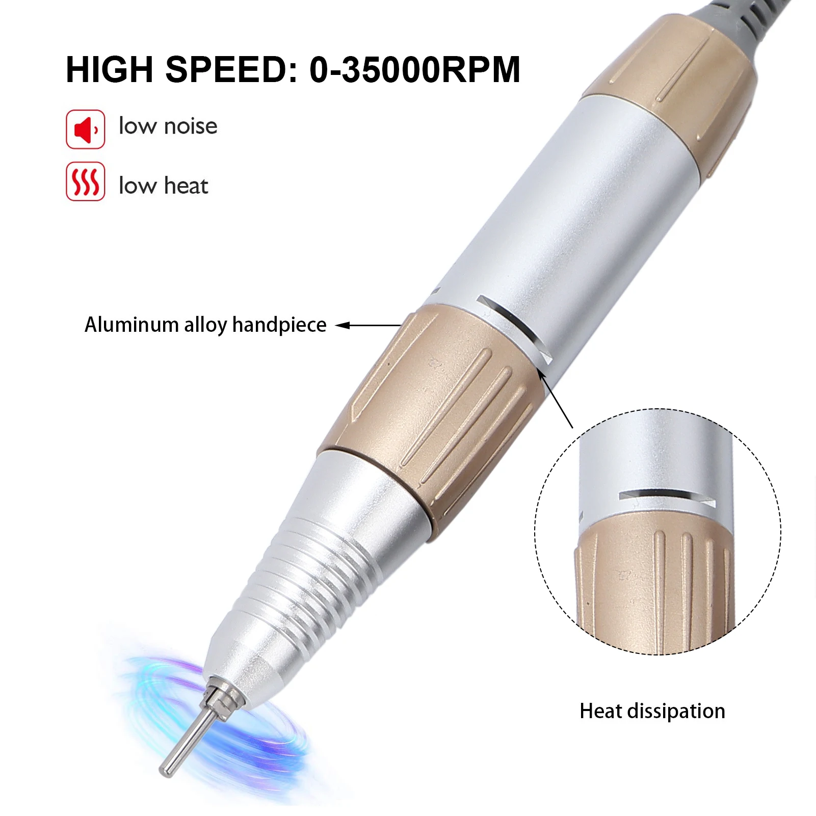 Nail Drill Replacement Handle Electric Nail Drill Machine Handle 35000rpm Low Noise Low Heat Nail Drill Accessory Golden