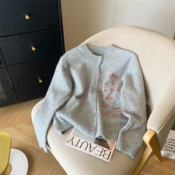 Round Neck Gray Letters NEW Cardigan Women Clothing Knitting Sweater Long Sleeves Vintage Korean Fashion Baggy Female Tops