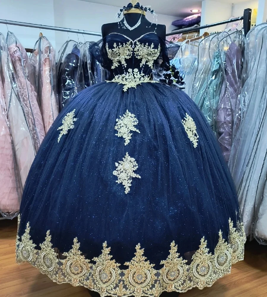 Wspaniałe granatowe dwuczęściowe sukienki Quinceanera ze złotą koronką Vestidos De 15 Quinceañera 2 w 1 Spark Birthday Party Xv Customized