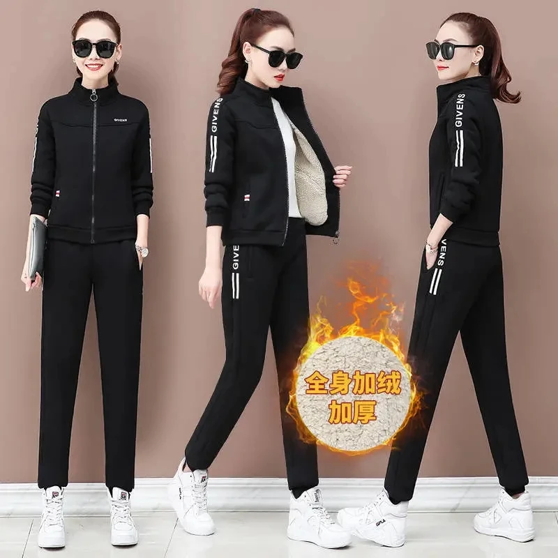 Sweatsuit casual quente para mulheres, pantsuit jogging, treino forrado de lã grossa roupas de inverno conjunto de 2 peças