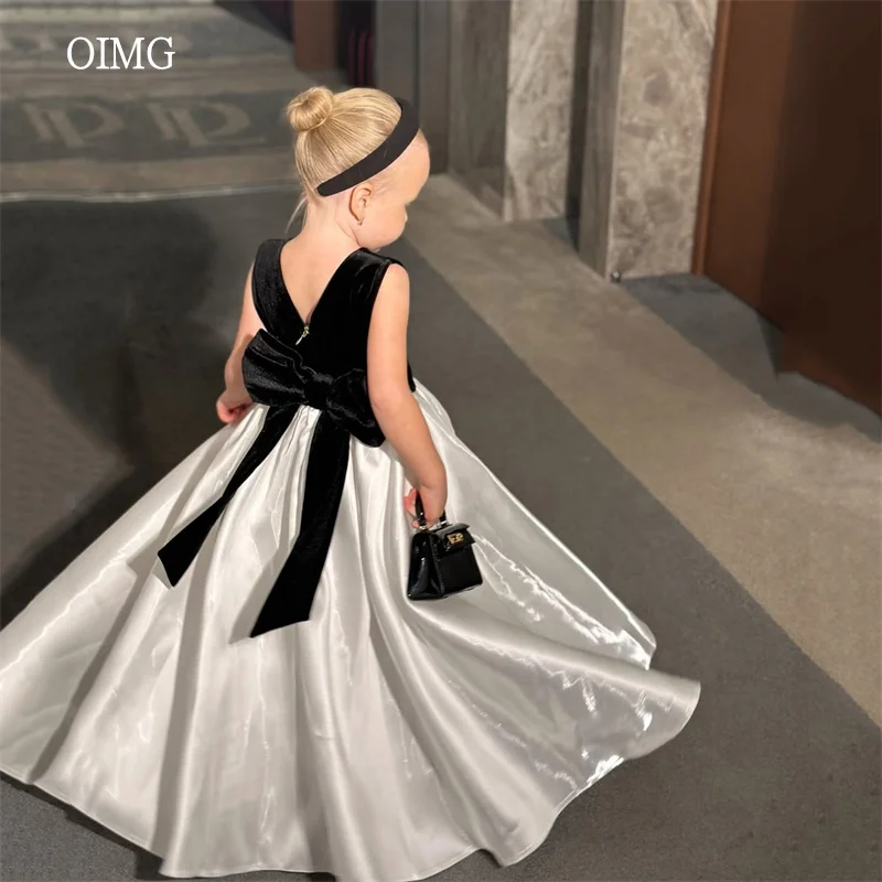 OIMG Classic Black/Ivory Velvet A Line Flower Girl Dresses O Neck Bow Wedding Party Dress Floor Length Birthday Dress Customized