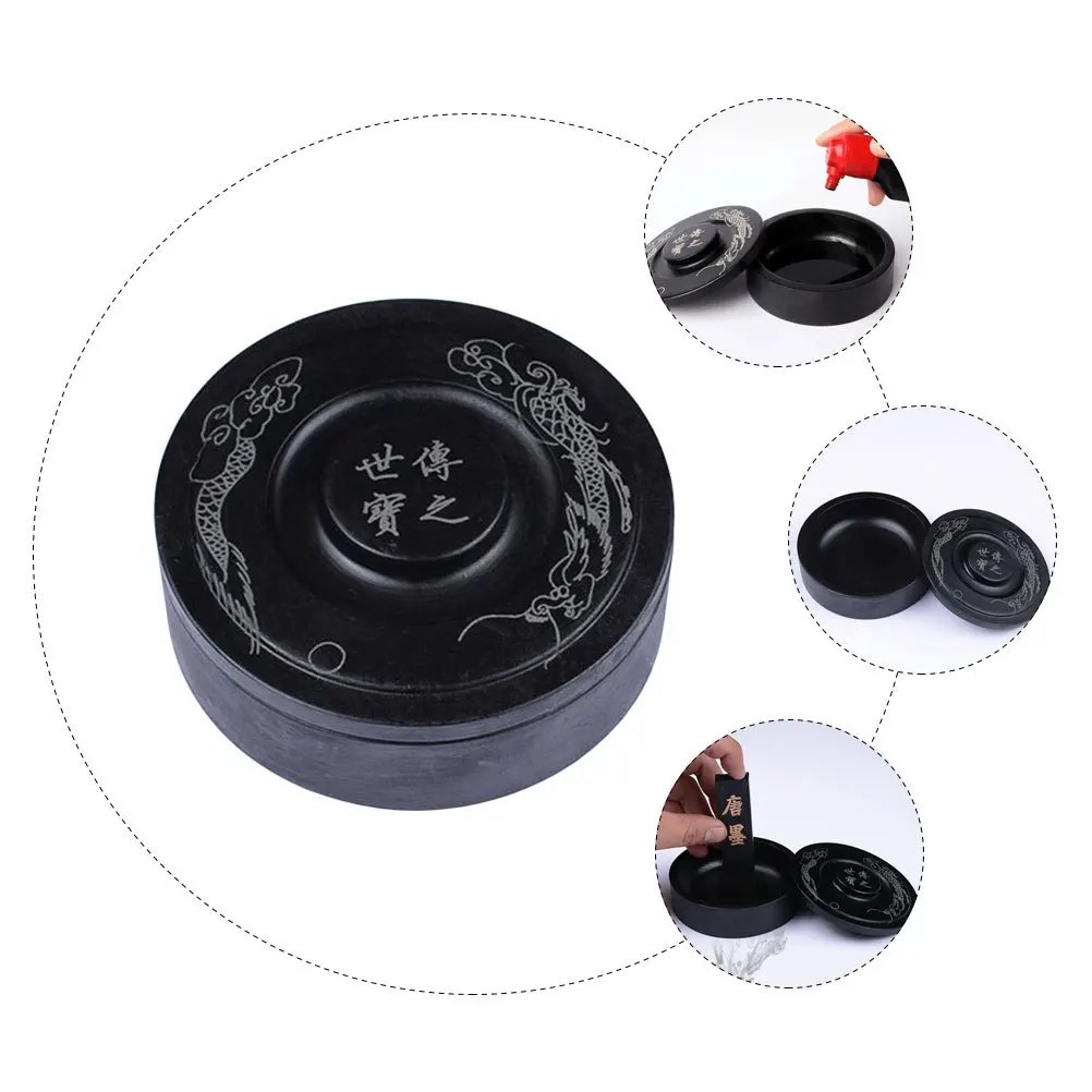 

1pc Rosette Pattern Covered Inkstone Black Round Inkslab For Calligraphy Painting Writing Students Stationery Ink Grinding Tool