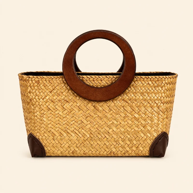 

Women Straw Woven Handbag Wooden Handle Rattan Basket Bag Beach Vacation Travel Tote Bag