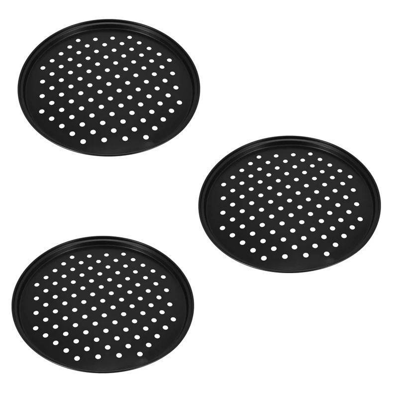 3X 10 Inch Personal Perforated Pizza Pans Black Carbon Steel With Nonstick Coating Easy To Clean Pizza Baking Tray