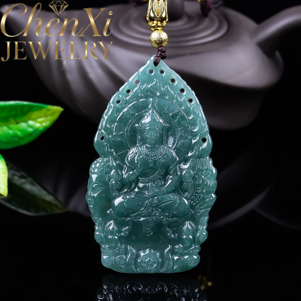 Natural Genuine A-Type Jadeite Pendant With Flame-Style Guanyin Sculpture Fine Blue Water Jade Ornament Keepsake Elegant Gift