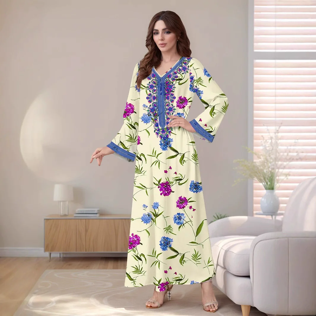 Eid Party Robe musulmane pour femmes Abaya col en V imprimé Floral chaîne taille Maroc robes de soirée caftan arabe longue Robe robes