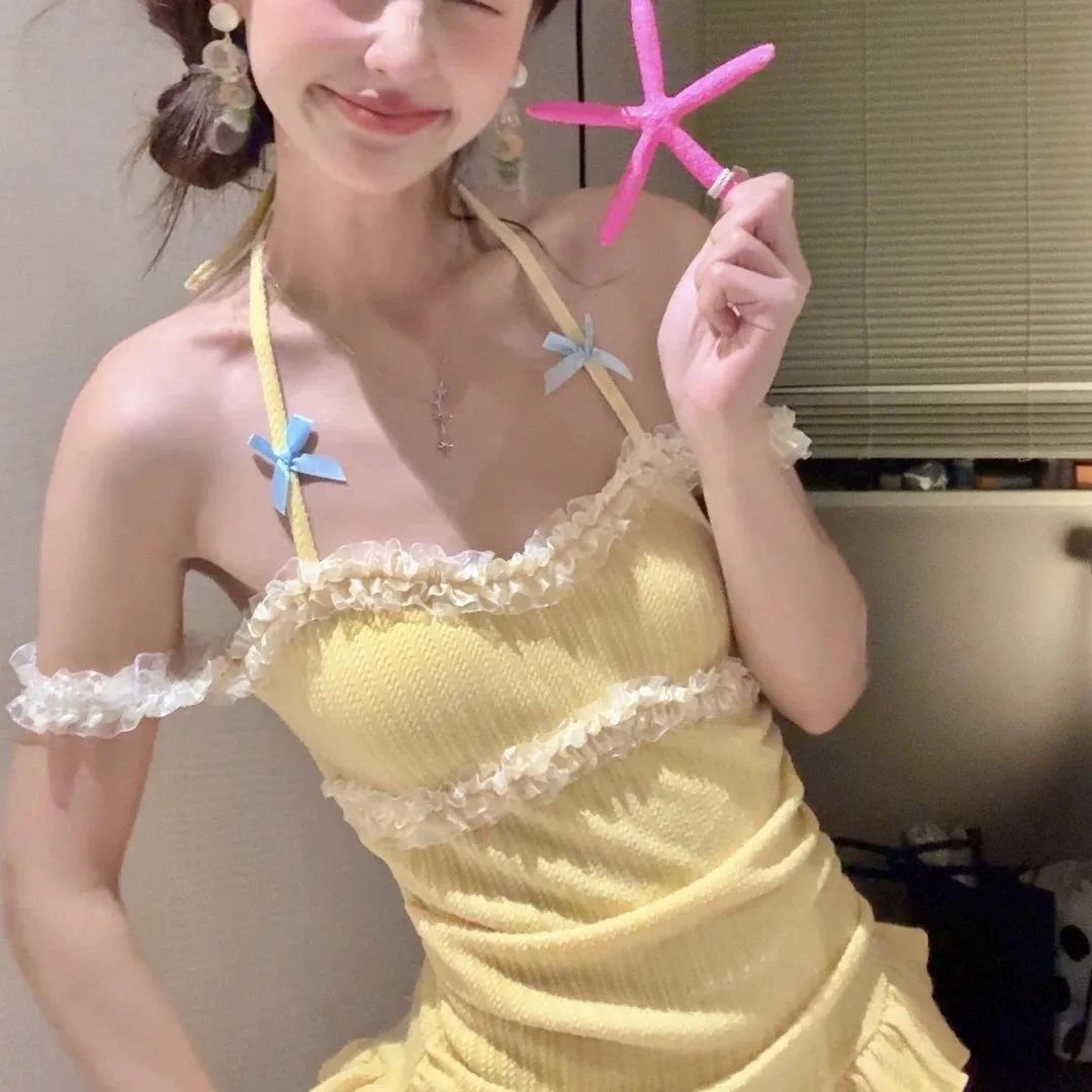 Желтый цельный купальник для женщин, горячая девушка, милая девушка с оборками, облегающий и тонкий купальник, закрывающий тело, консервативный студент