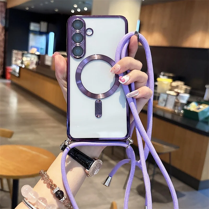 

Luxury Strap Magnetic Case For Samsung Galaxy S25 S24 FE A06 A07 A16 A17 A25 A24 A26 A35 A36 A54 A55 A56 Crossbody Lanyard Cover