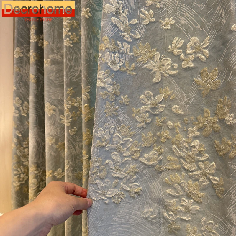 Matcha Green Mountain Camellia Embossed Jacquard Thick Blackout Curtains for Living Room French Window Balcony Window Custom