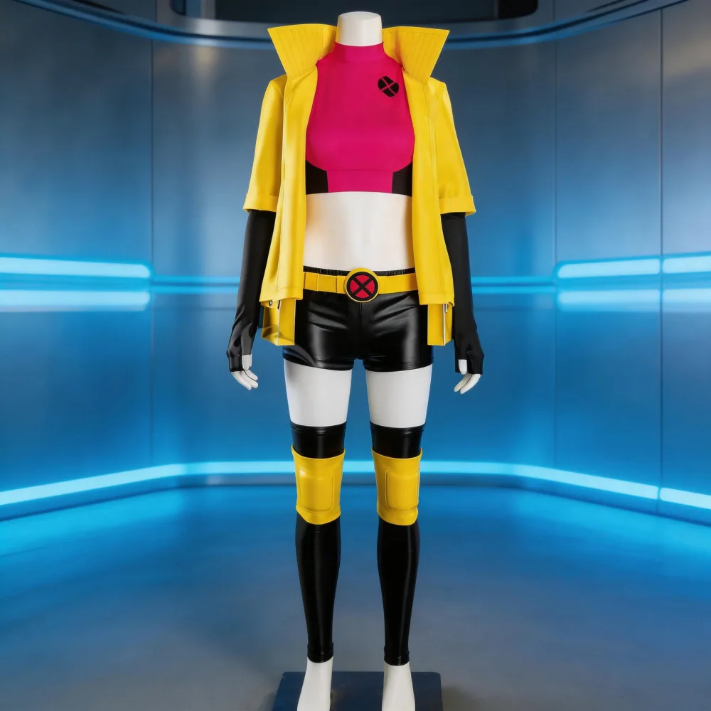 Superhelden-Cosplay-Outfit für Frauen, gelbe Jacke, rosa Crop-Top, Shorts-Set, Halloween-Party-Kostüm, kompletter Anzug für Frauen, Rollenspiel