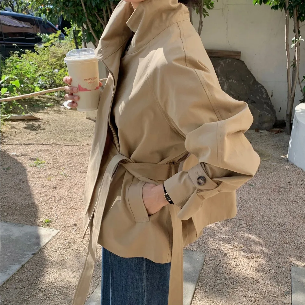 Korean Style Short Casual Coat Women's Elegance Stand Collar Waist Cinching Asymmetrical Design Jacket Autumn Fashion Ladies