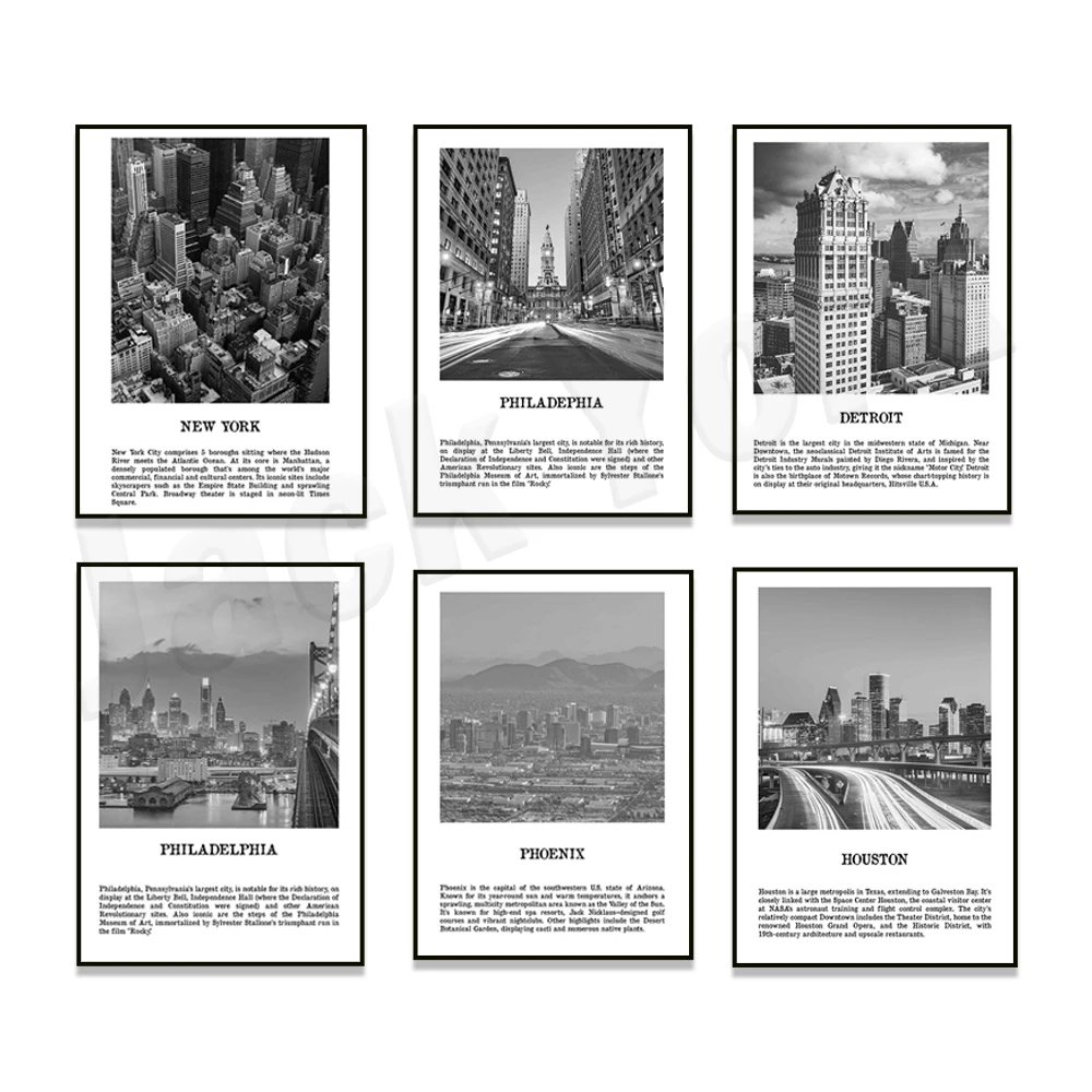 Los Angeles, Oklahoma, Philadelphia, Chicago, Detroit, Houston, New York, San Diego, PHOENIX black and white travel city poster