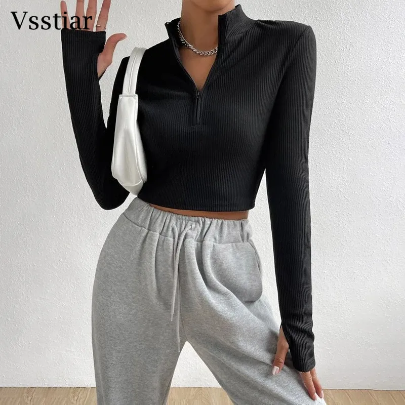 

Vsstiar 2023 Autumn Winter Ribbed Knitted Women T Shirts Black Long Sleeve Front Zippers Slim Crop Top Fashion All-match Clothes