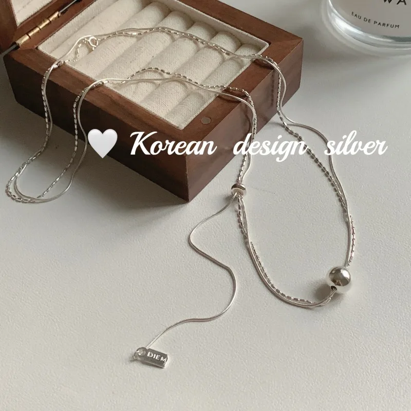 South Korea2023New Autumn/Winter Sweater Chain S925Sterling Silver Simple Double Layer round Beads NecklaceinsWind Female Twin