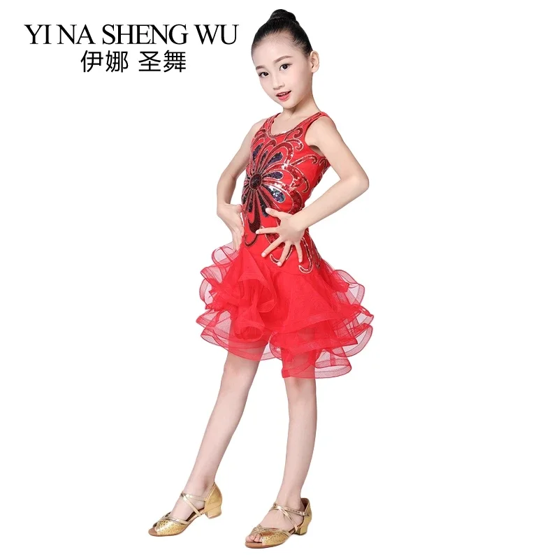 New Children Latin Dance Skirt Sequins Mesh Latin Dance Stage Performance Clothing 1Pc Girls Latin Tango Salsa Competition Dress