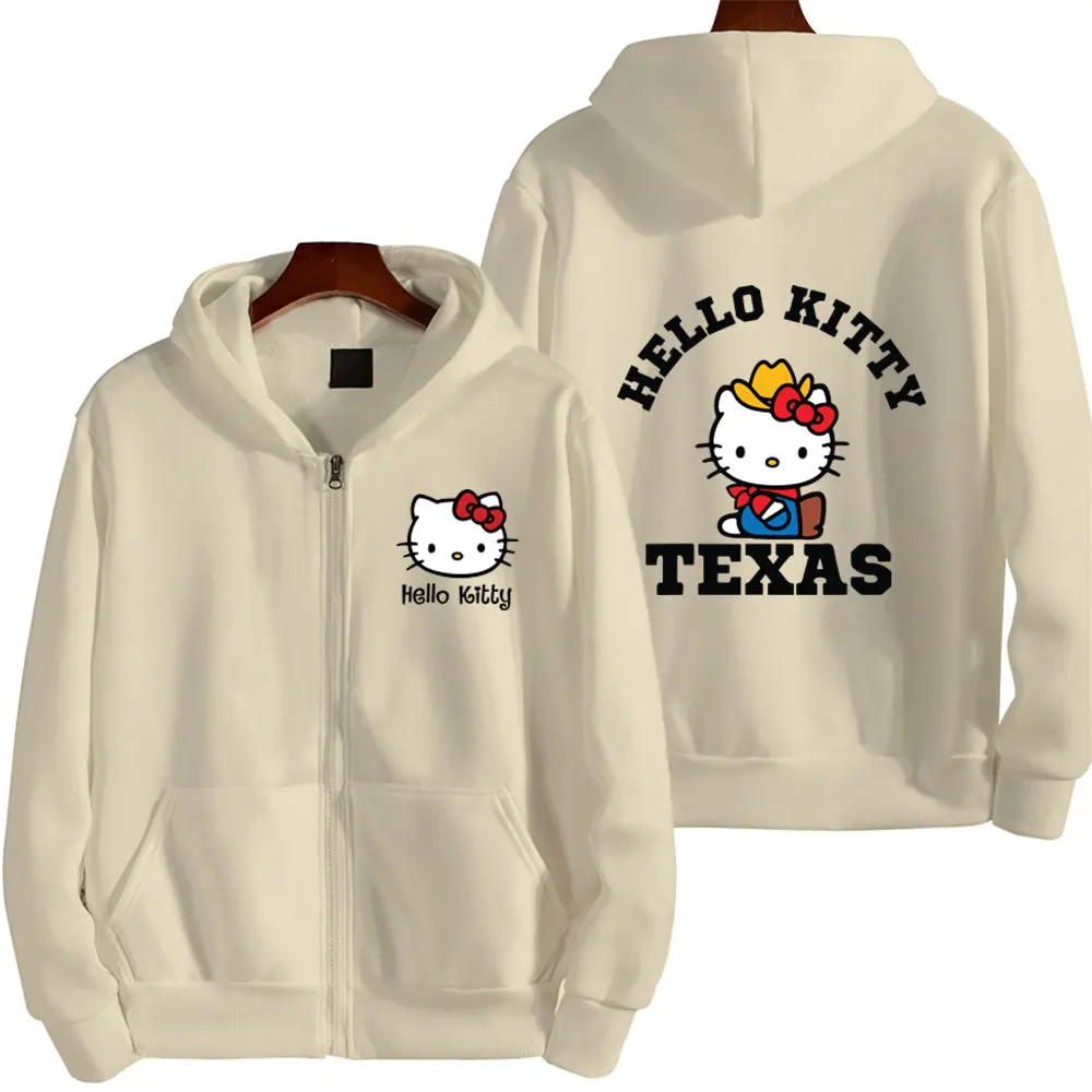 Hello Kitty Men Zip Up Hoodie Jacket 2024 New Spring Autumn Casual Women Sweatshirt Cartoon Anime Couple Oversized Clothes Coats