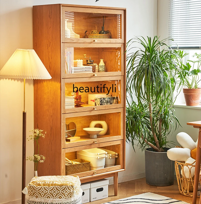 

Nordic all solid wood flap glass wine cabinet household floor-to-ceiling bookcase display cabinet