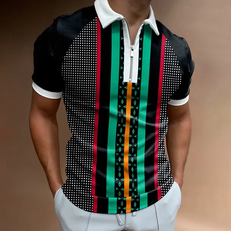 2023 Polo T Shirt for Men Summer Chic Plaid Stripe Golf Casual polo shirts Polo Shirts Collar Zipper Design Men Street Clothes image 4