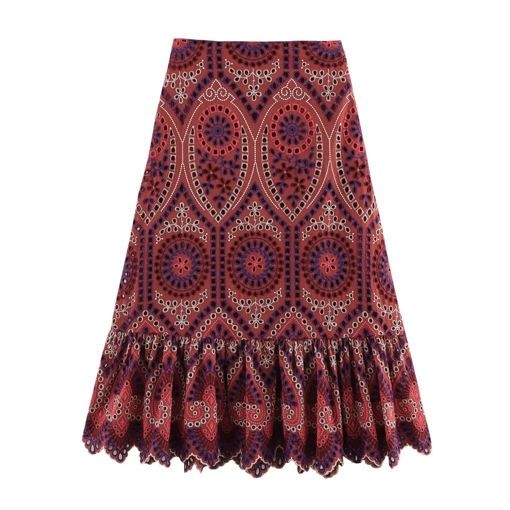 UNIZERA Women's Fashion Hollow Embroidered Round Neck Sleeveless Top Summer New High Waist A-line Half body Long Dress