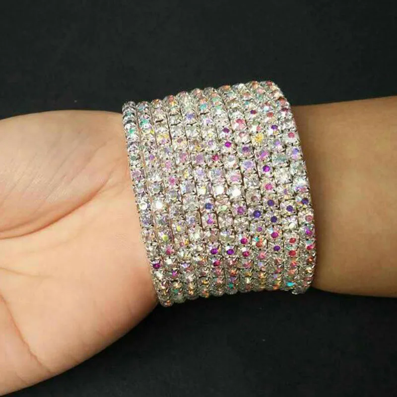 7-10 Rows Rhinestone Bangle Bracelet Silver Plated and Gold Color Metal Sparkly AB Crystal Indian Bangles for Women