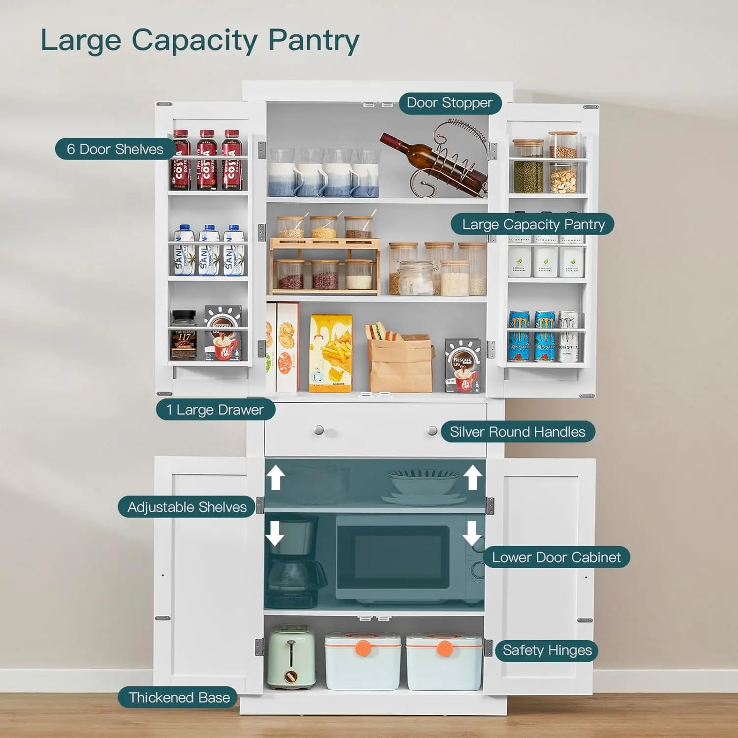 72” Kitchen Pantry Cabinet, Tall Storage Cabinet with 4 Doors and 1 Drawer, Kitchen Cabinet, Cupboard with 6 Hanging Shelves and