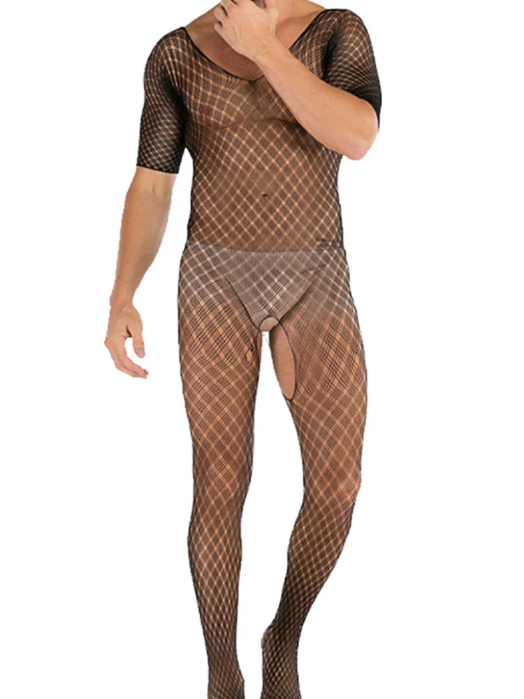 Sexy Men Sheer Sleepwear Babydoll BODYSUIT Mesh Body Stocking Intimate Catsuit Bodysuits Plus Size Lingerie Sexy Underwear