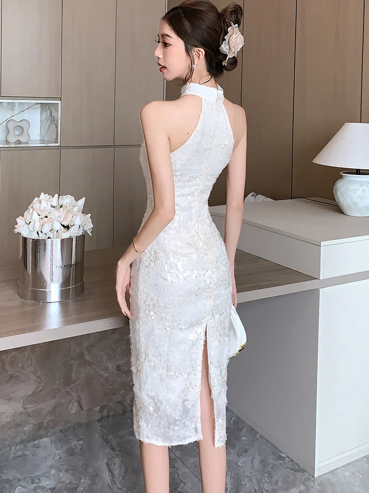 White Jacquard Sequins Chic Beading Neck-mounted Dress Women Summer Elegant Luxury Evening Dress 2024 Korean Vintage Party Dress