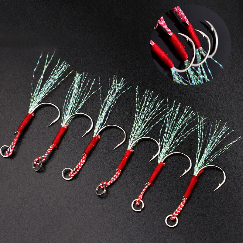 Plantillas de Pesca de Jigging lento, anzuelo de asistencia con púas, anzuelos individuales, hilo de pluma, señuelo de Pesca de acero rico en carbono, 100-20 piezas