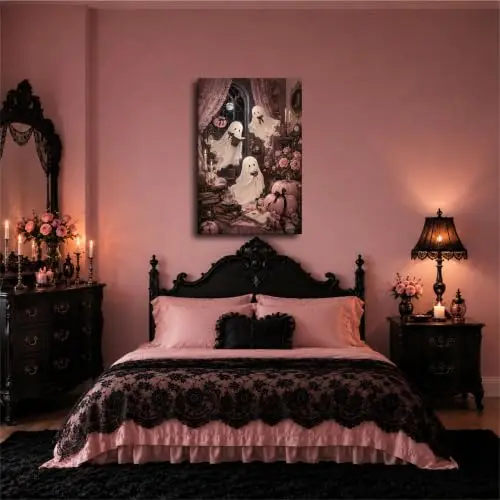 Cute Ghost Canvas Wall Art Halloween Pink Gothic Reading Room Pumpkin Rose Print Spooky Decor for Bedroom Living Room Study (24