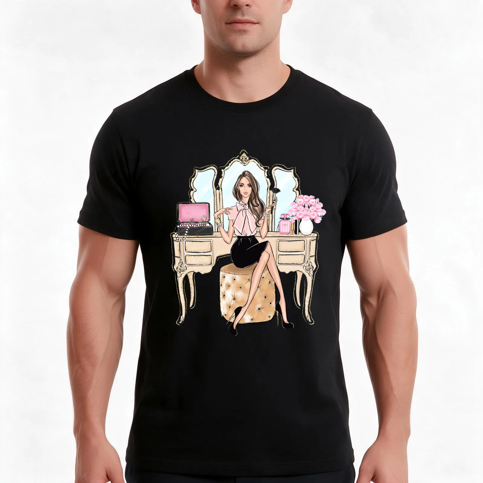 Vanity table girly artwork T-Shirt, Summer Casual Cotton Tee, Oversized Streetwear Tops, Vintage Graphic Print, Unisex Men Women