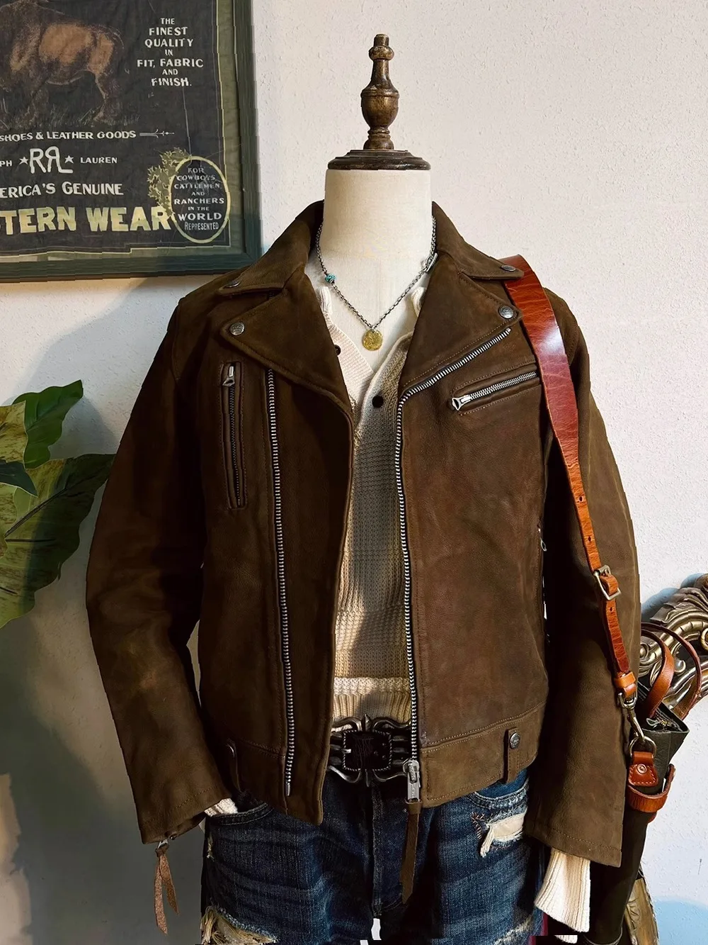 Unpainted cowhide lapel cable-stayed biker jacket men's leather Double rider