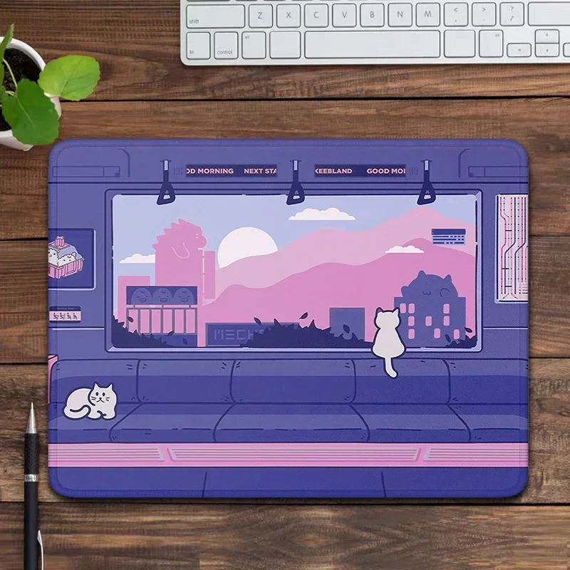 Kawaii Mouse Pad Cute Gaming Desk Mat Anime Aesthetic Cats on a train Purple Pink Mousepad Small PC Accessories Computer Deskmat