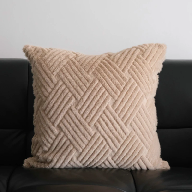 Khaki Plush Pillow Cover Decorative 50X50CM Imitation Mink Hair Stripe Block Pillow Cases Soft Fluffy Cushion Cover for Sofa