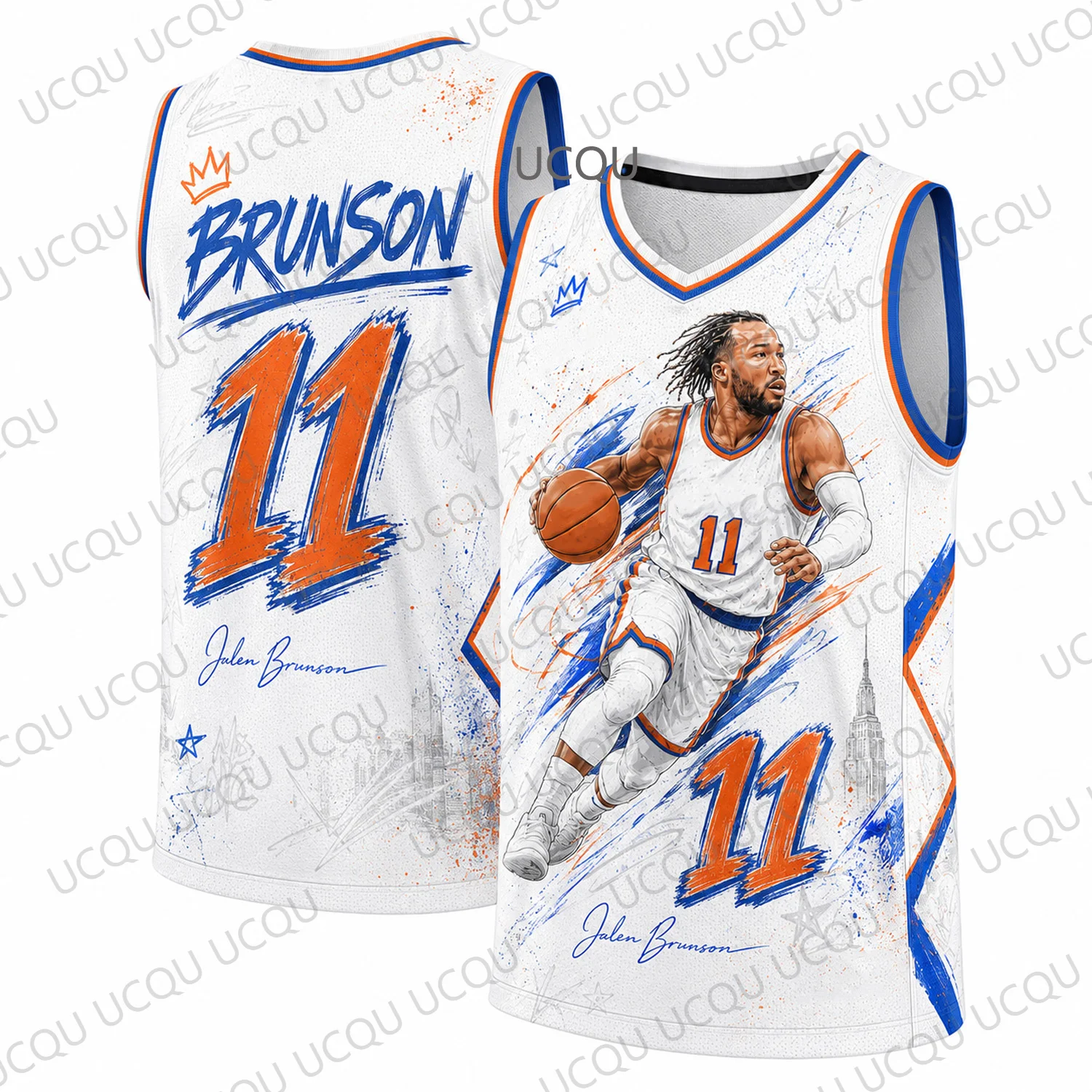 Brunson 11 New Summer Graffiti Basketball Jersey White Blue Orange Graphic Fan Tank Top Streetwear Sports Vest