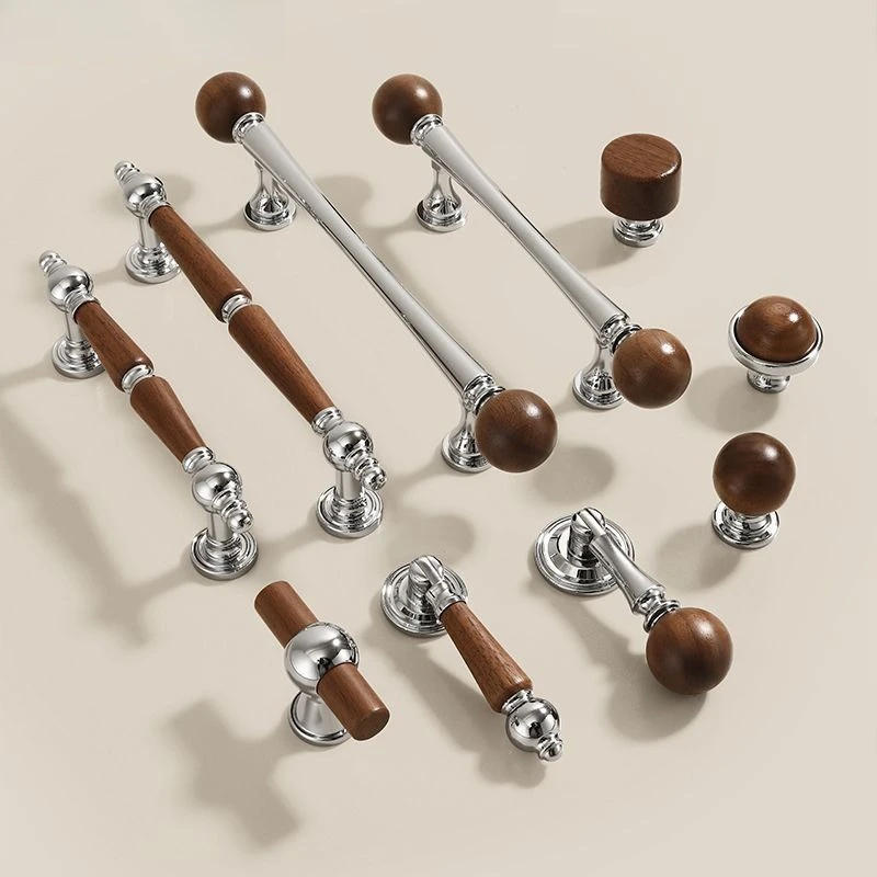 Mid‑Century Style Walnut Wood Brass Round Ball Knob, Cabinet Drawer Wardrobe Shoe Cabinet Door Pull Handle