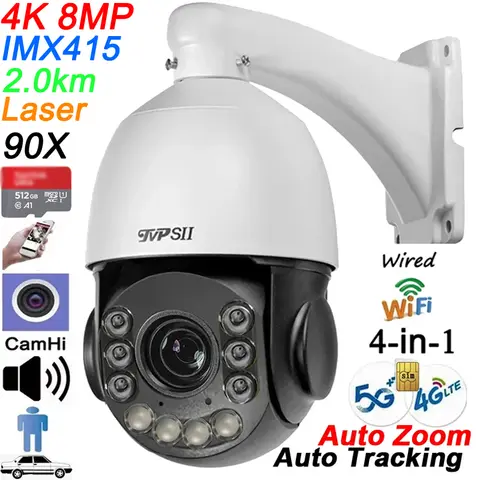 자동 추적 8MP 4K 90배 광학 줌 360 ° 오디오 레이저 적외선 ONVIF 4G 5G Sim Wifi 유선 4 in 1 PTZ 스피드 돔 보안 카메라