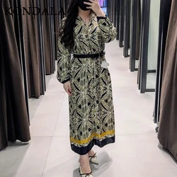 KONDALA Chic Green Print Sashes Loose Long Sleeve Women’ Dress Bohemian Holiday Vestido Fashion 2025 Spring Casual Vintage Dress
