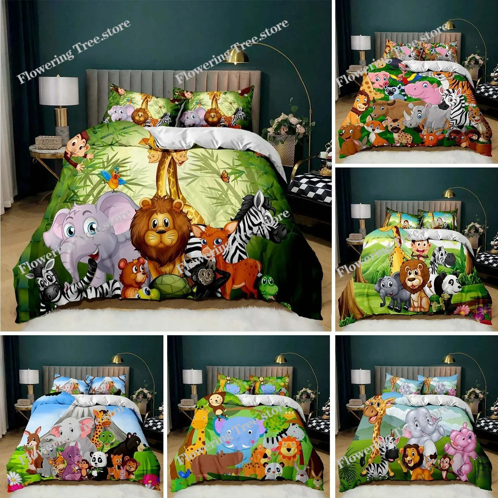 Elephant Comforter Cover Cute Cartoon Animal Paradise Bedding Set for Boys Girls Kids 3D Animal World Theme Queen Duvet Cover