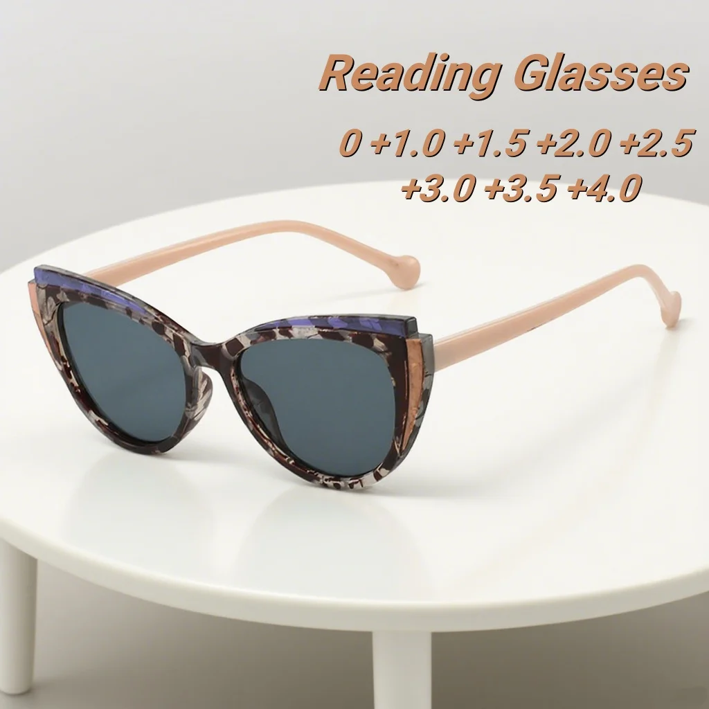

2025 New Fashionable Classic Cat Eye Women's Presbyopia Glasses Advanced Luxury Color Blocked Gray Sheet Anti Blue Light Glasses