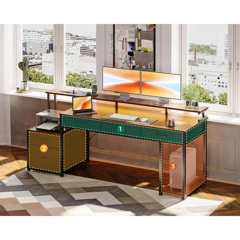 Computer Desk with File Drawer, Reversible Office Desk with 4 Drawers & Power Outlet,LED Strip,Home Office Desk w/ Monitor Shelf