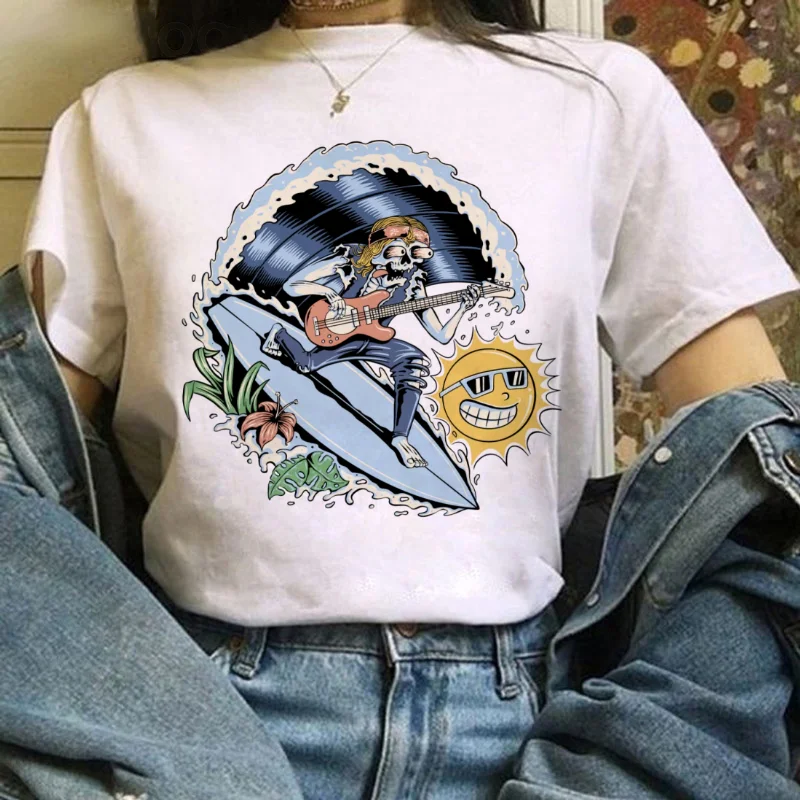 Skeleton Surfing Guitar Pattern 90s Clothing Printed White T-Shirt Short Sleeve Women's Casual Top Cartoon Style Fashion T-Shirt