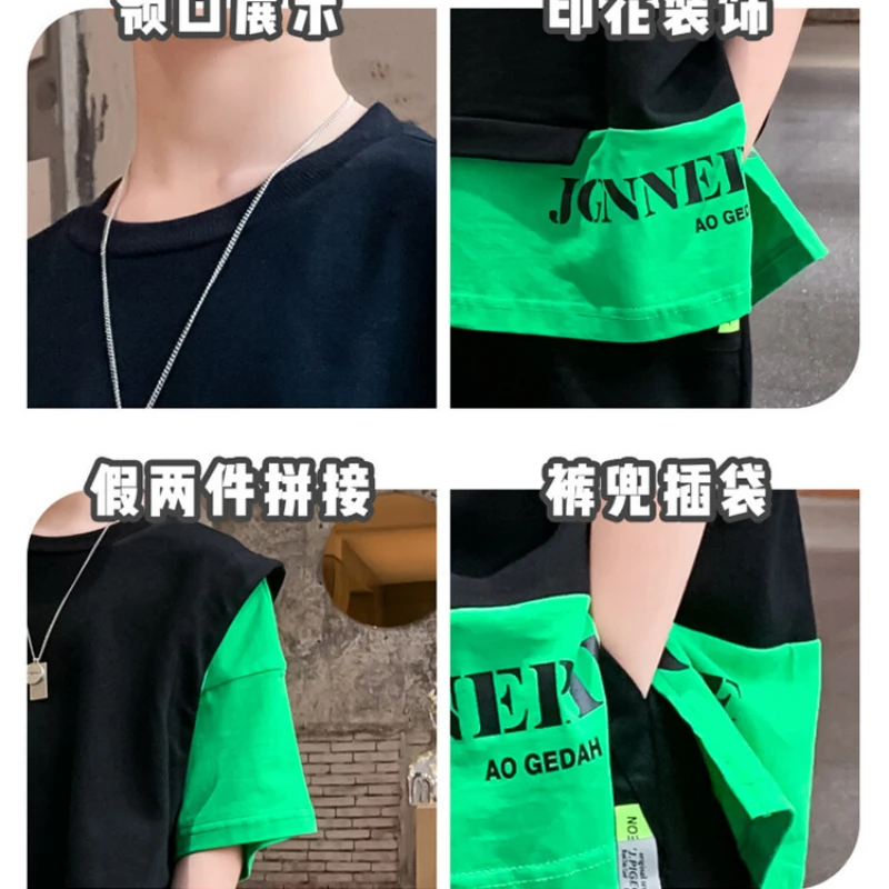 Conjunto de dos piezas de camiseta y pantalones cortos falsos para niños, ropa de calle para adolescentes, chándal con letras, manga de contraste,