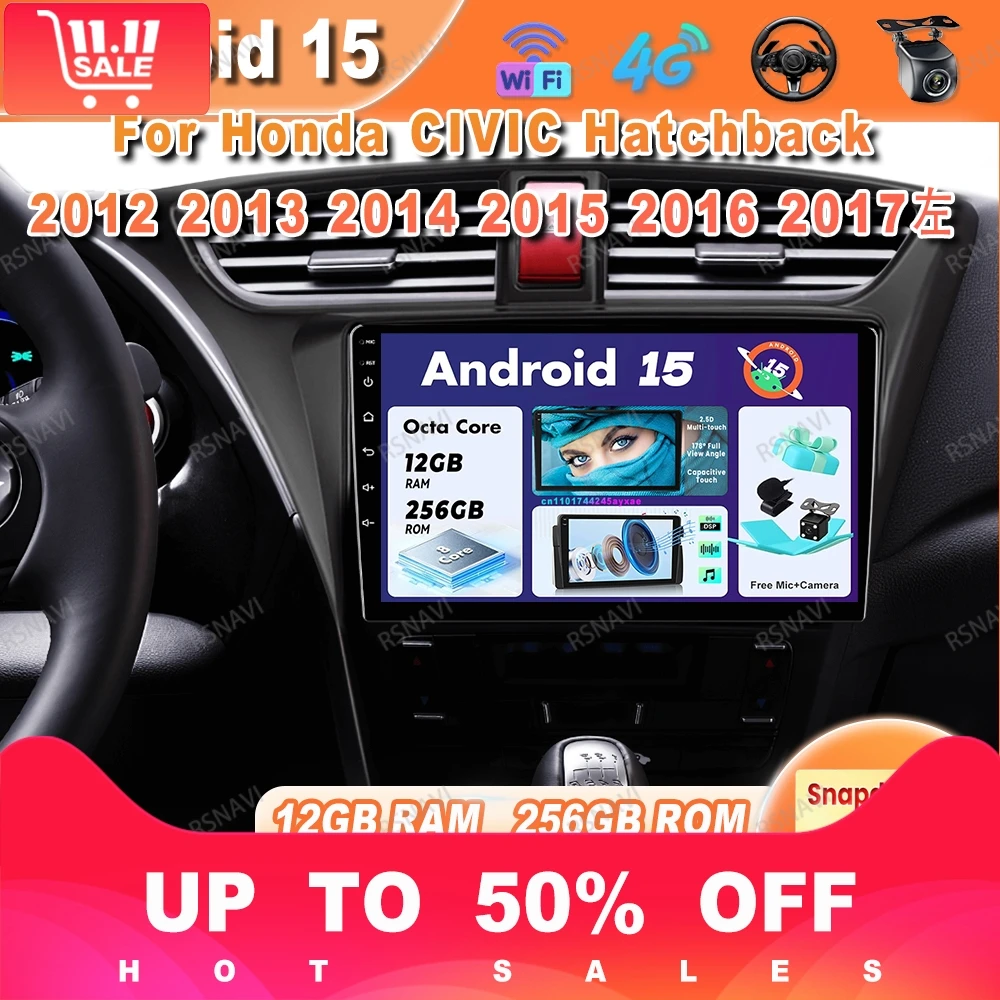 Car Radio Android 15 For Honda CIVIC Hatchback 2012 2013 2014 2015 2016 2017 Autoradio QLED Qualcomm Wireless Carplay Auto BT
