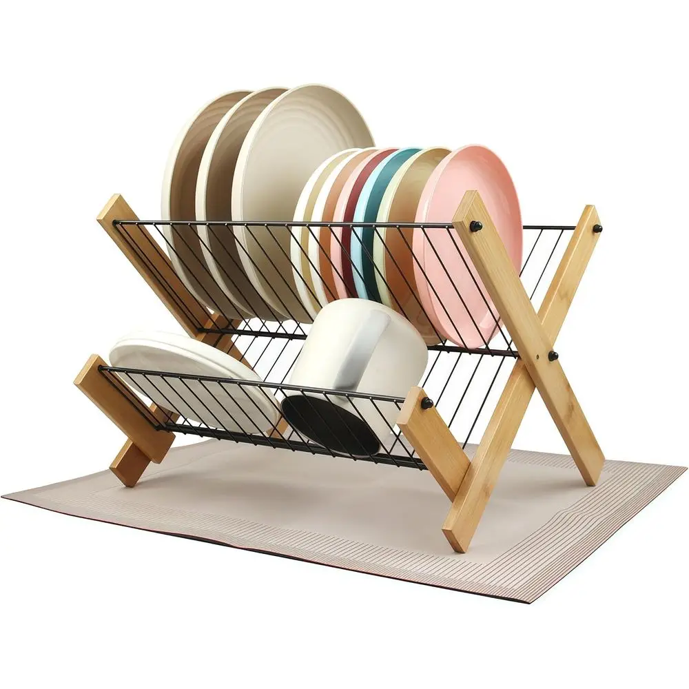 

Small Dish Drying Rack with Drying Mat Collapsible 2-Tier Bamboo Dish Drainer Rack or Kitchen Counter